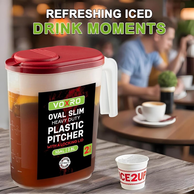 VOXRO 2-Pack Oval Slim Plastic Pitchers With Lids – 1 Gallon, Flip-Top Pivot Spout, Well-Gripped Handle, Water Jug, With Measuring Option, Ideal for Water, Juice & Iced Tea (Blue & Red) BPA Free - Image 4